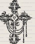 Gothic ornamental cross tattoo stencil digital product in blackwork with filigree and chain details designed for clean stencil transfer