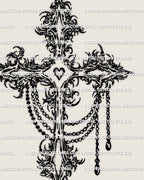 Gothic ornamental cross tattoo stencil digital product in blackwork with filigree and chain details designed for clean stencil transfer