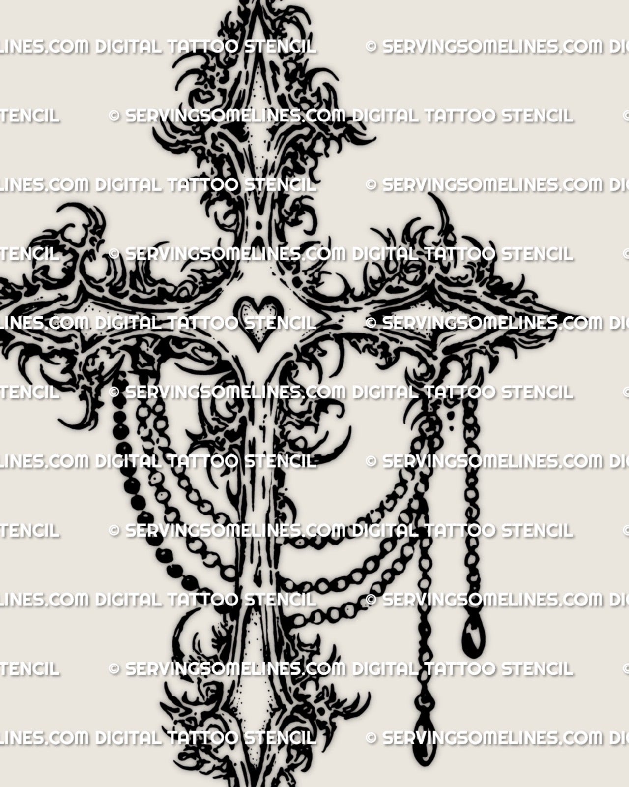Gothic ornamental cross tattoo stencil digital product in blackwork with filigree and chain details designed for clean stencil transfer