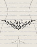 Gothic ornamental heart lower back tattoo shown on women's lower back placement example with a centered heart and spiked framing.