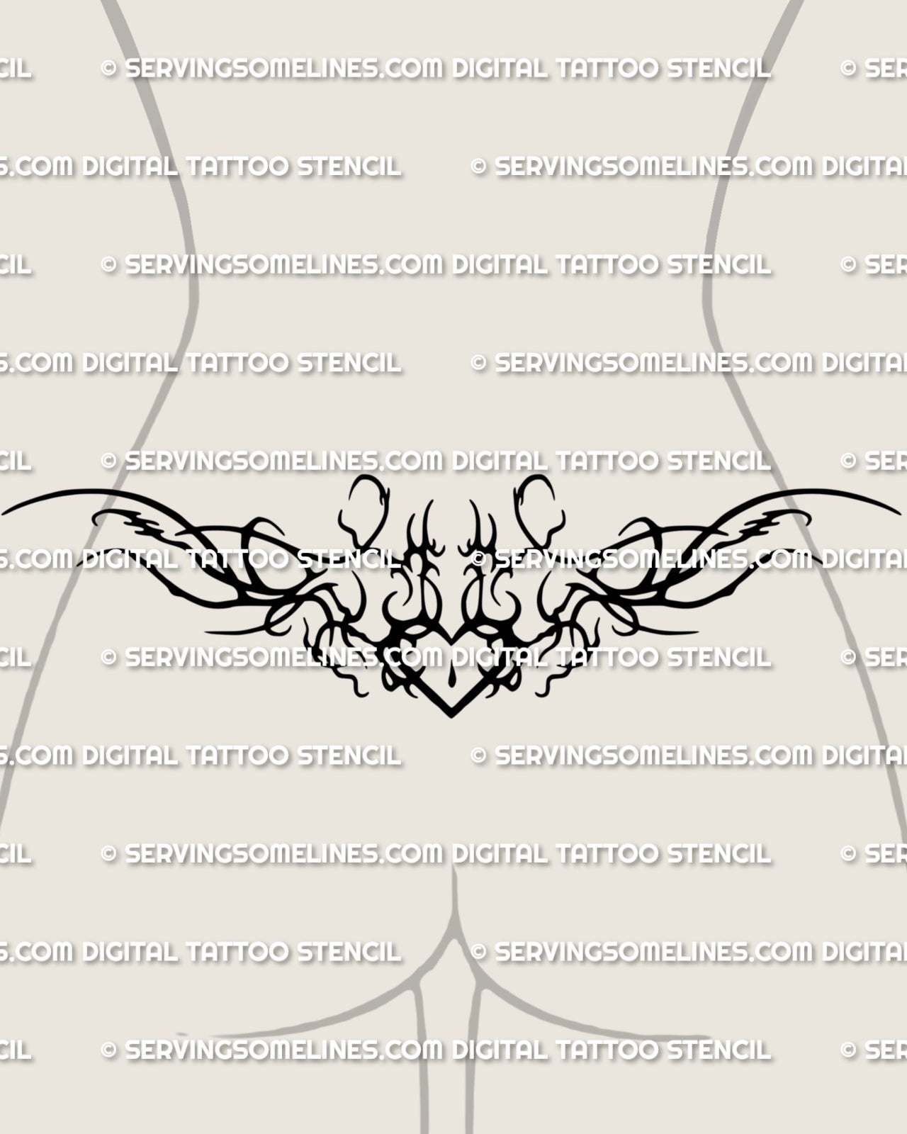 Gothic ornamental heart lower back tattoo shown on women's lower back placement example with a centered heart and spiked framing.