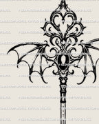 Close-up of gothic ornamental key tattoo stencil showing filigree linework, winged key structure, and fine dark detailing for clean stencil transfer.
