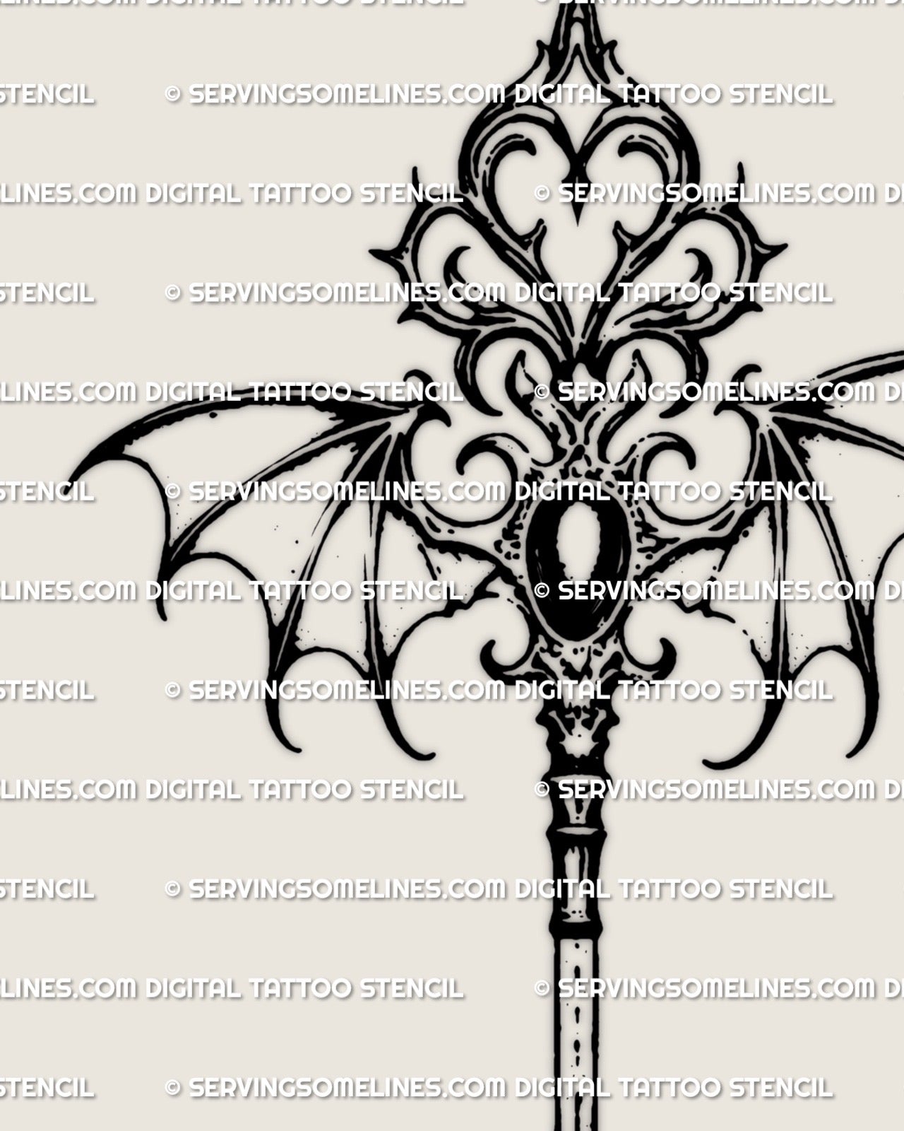 Close-up of gothic ornamental key tattoo stencil showing filigree linework, winged key structure, and fine dark detailing for clean stencil transfer.