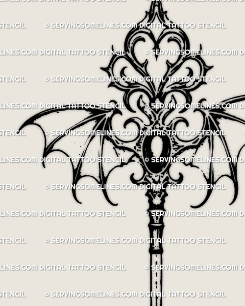 Close-up of gothic ornamental key tattoo stencil showing filigree linework, winged key structure, and fine dark detailing for clean stencil transfer.