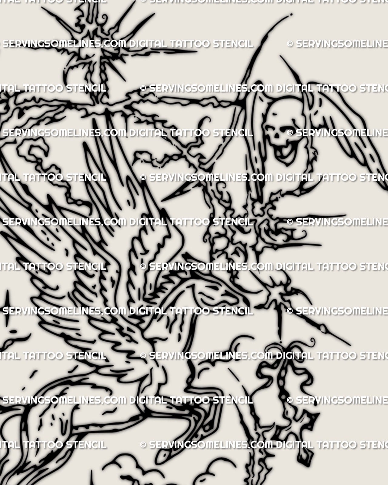 Gothic Pegasus angel wings cybersigilism tattoo design, dark ornamental backpiece art with sharp spiky cyber patterns and wings.