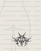 Gothic pentagram thigh tattoo stencil shown on female leg, neotribal star with flame detail, striking occult tattoo placement as printable design.