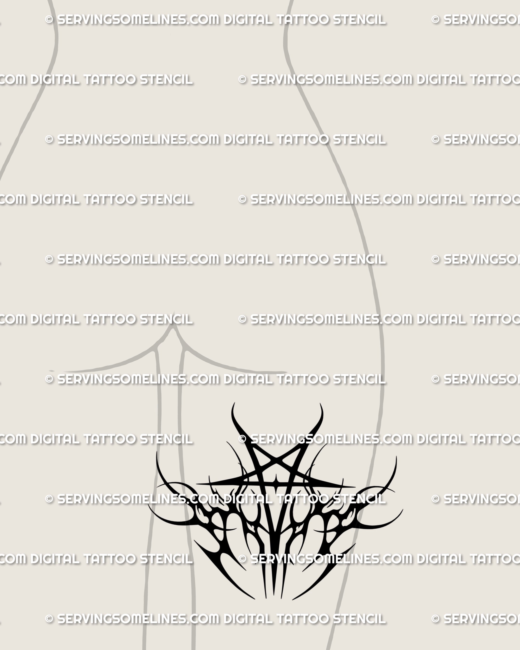 Gothic pentagram thigh tattoo stencil shown on female leg, neotribal star with flame detail, striking occult tattoo placement as printable design.