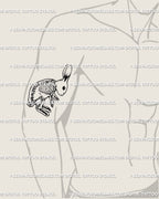 Gothic rabbit skeleton tattoo displayed on man’s arm, creepy cute fineline bunny bones tattoo stencil.