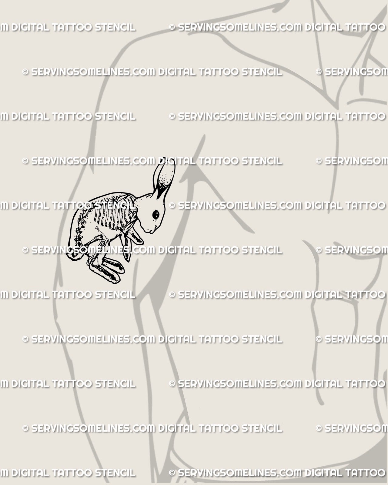 Gothic rabbit skeleton tattoo displayed on man’s arm, creepy cute fineline bunny bones tattoo stencil.