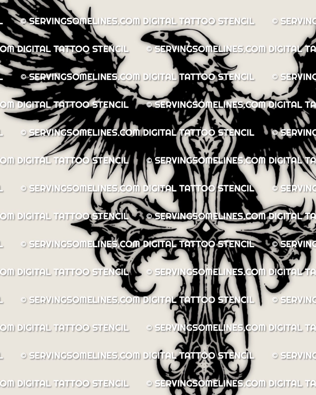 Gothic raven cross stencil file showing detailed wings and cross silhouette, bold dark linework for tattoo design.
