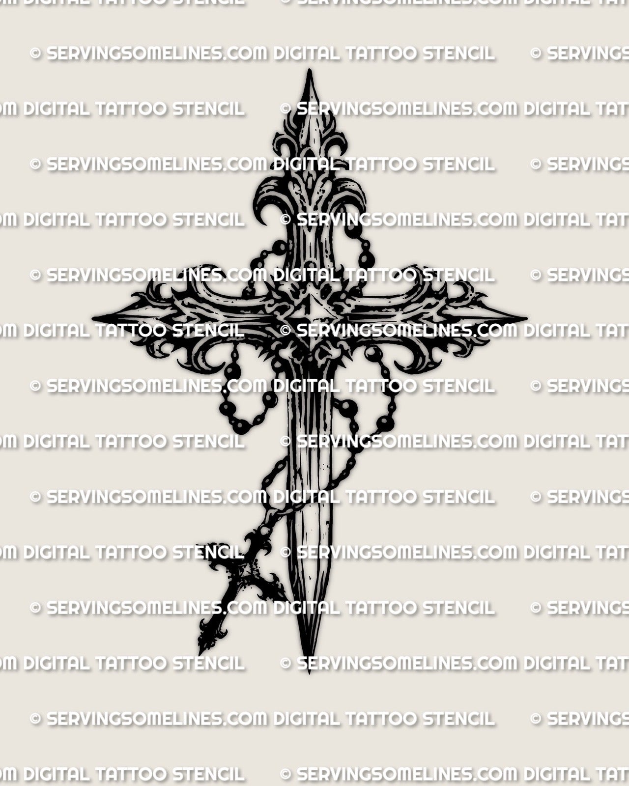 Gothic rosary cross stencil, beaded chain wraps the cross and drops to a small hanging cross detail, printable stencil file.