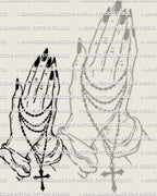 Black nails praying hands stencil design with rosary beads wrapped on fingers and wrist, dark devotional vibe, clean spacing for transfer.