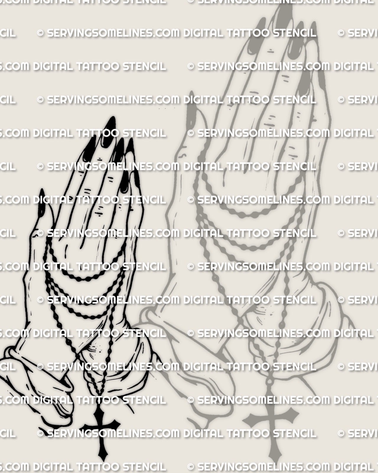 Black nails praying hands stencil design with rosary beads wrapped on fingers and wrist, dark devotional vibe, clean spacing for transfer.
