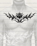 Gothic rose chest tattoo shown on men’s chest placement with a centered black bloom and symmetrical pointed floral spread