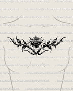 Gothic rose chest tattoo shown on women’s chest placement with a centered rose bloom and wide symmetrical chest-built shape