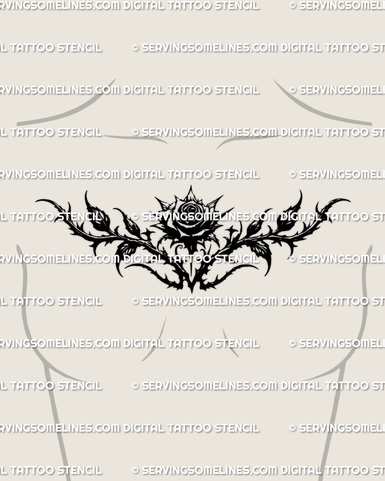 Gothic rose chest tattoo shown on women’s chest placement with a centered rose bloom and wide symmetrical chest-built shape