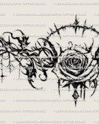 Close detail of the gothic rose lower back tattoo, showing the rose center, thorned framing, web detail, and dark contrast.v