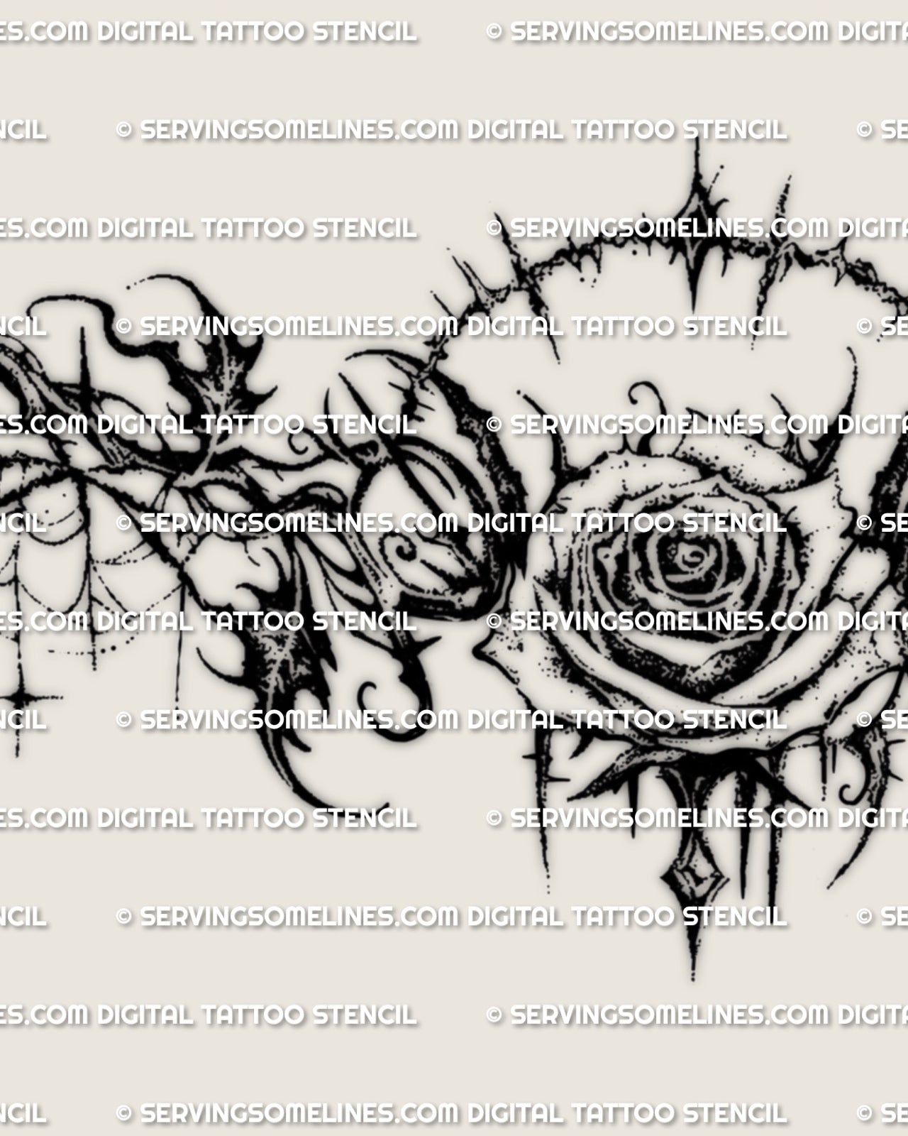 Close detail of the gothic rose lower back tattoo, showing the rose center, thorned framing, web detail, and dark contrast.v