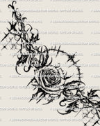 Main design view of a gothic rose lower back tattoo stencil, showing the centered rose, thorned halo, and dark side detail.