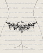 Gothic rose lower back tattoo shown as a tramp stamp placement, with a centered rose and sharp dark spread across the waist.