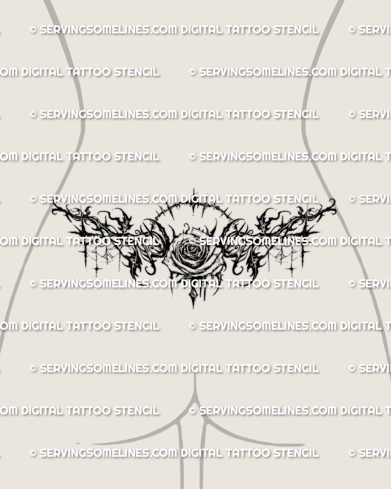 Gothic rose lower back tattoo shown as a tramp stamp placement, with a centered rose and sharp dark spread across the waist.
