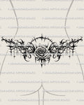 Gothic rose lower back tattoo shown on womens lower back placement, with a centered rose and dark thorned framing.