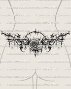 Gothic rose lower back tattoo shown on womens lower back placement, with a centered rose and dark thorned framing.