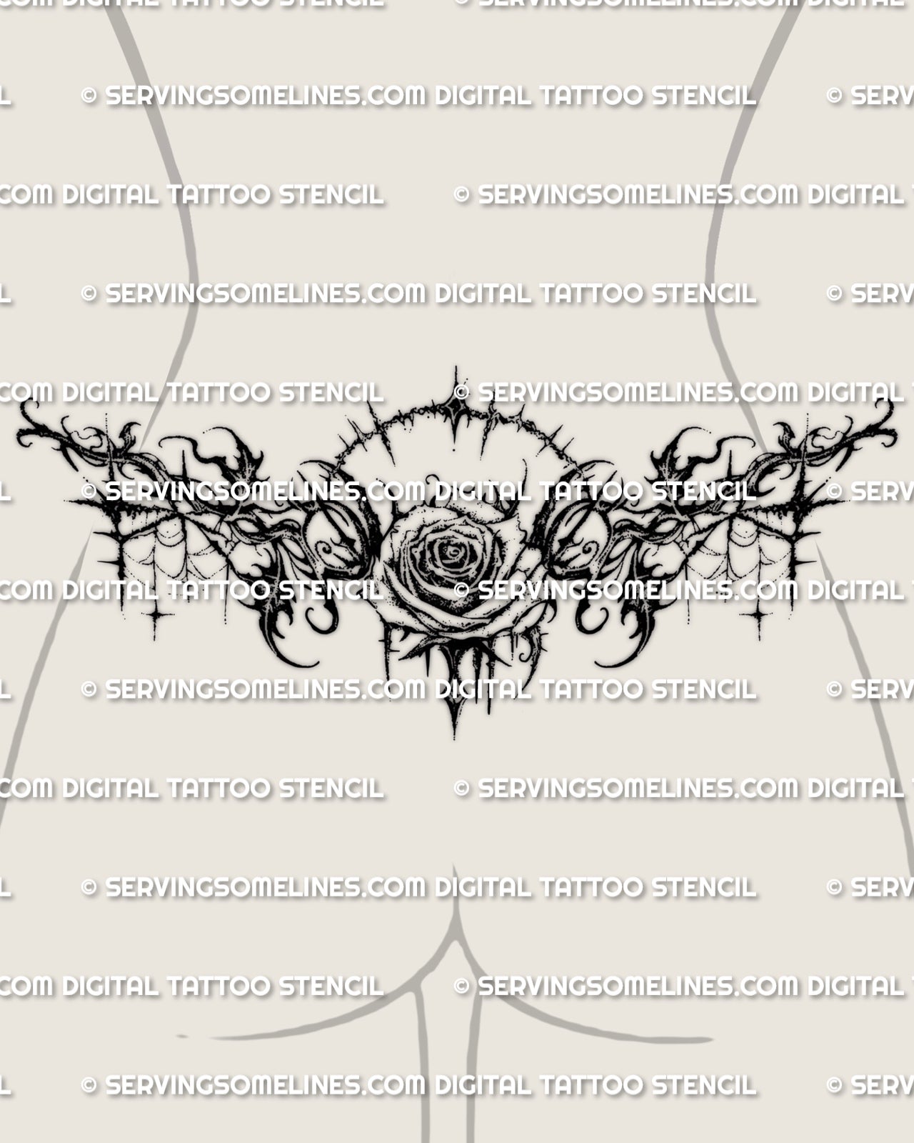 Gothic rose lower back tattoo shown on womens lower back placement, with a centered rose and dark thorned framing.