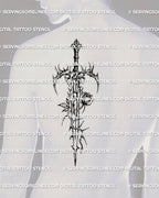 Gothic rose sword tattoo stencil on a man’s side back, masculine thorned blade offered as a downloadable stencil for guys wanting strong gothic body art