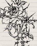 Gothic rose tattoo design with cybersigilism and thorn motifs, cyber flower tattoo stencil for arm, ribs, or thigh.