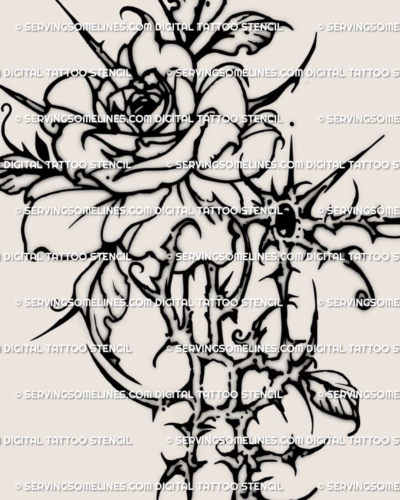 Gothic rose tattoo design with cybersigilism and thorn motifs, cyber flower tattoo stencil for arm, ribs, or thigh.