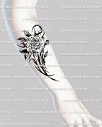 Neotribal blackwork rose tattoo shown on forearm placement, gothic floral linework with sharp cyber-tribal patterns for bold modern style. 