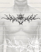 Gothic rose tattoo stencil displayed on male chest placement, ornamental floral goth design available as a downloadable tattoo stencil product