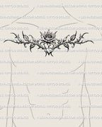Ornamental gothic rose tattoo stencil on male chest placement, floral goth linework design provided as a printable tattoo stencil digital product file
