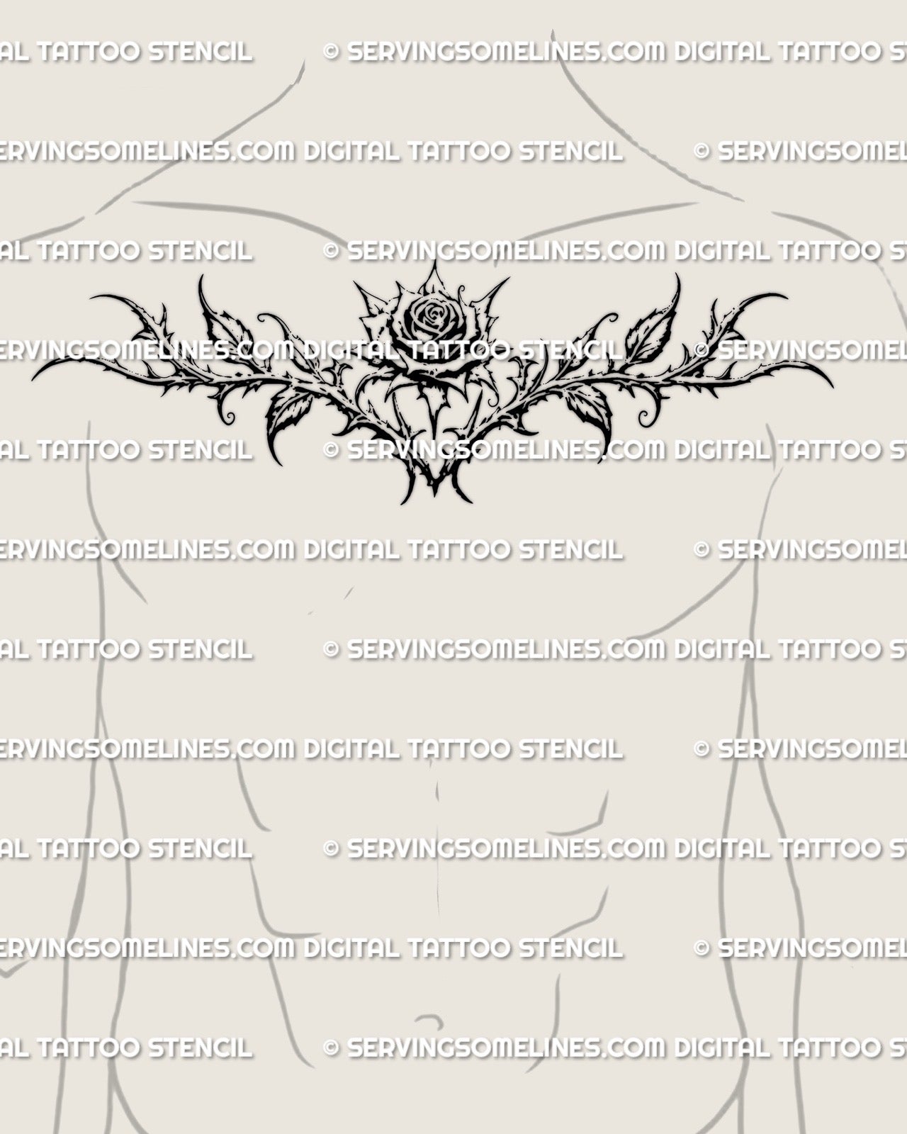 Ornamental gothic rose tattoo stencil on male chest placement, floral goth linework design provided as a printable tattoo stencil digital product file