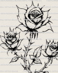 Fine line gothic rose tattoo stencil with three thorned roses and soft shading, a floral gothic design for buyers searching rose bouquet tattoo ideas