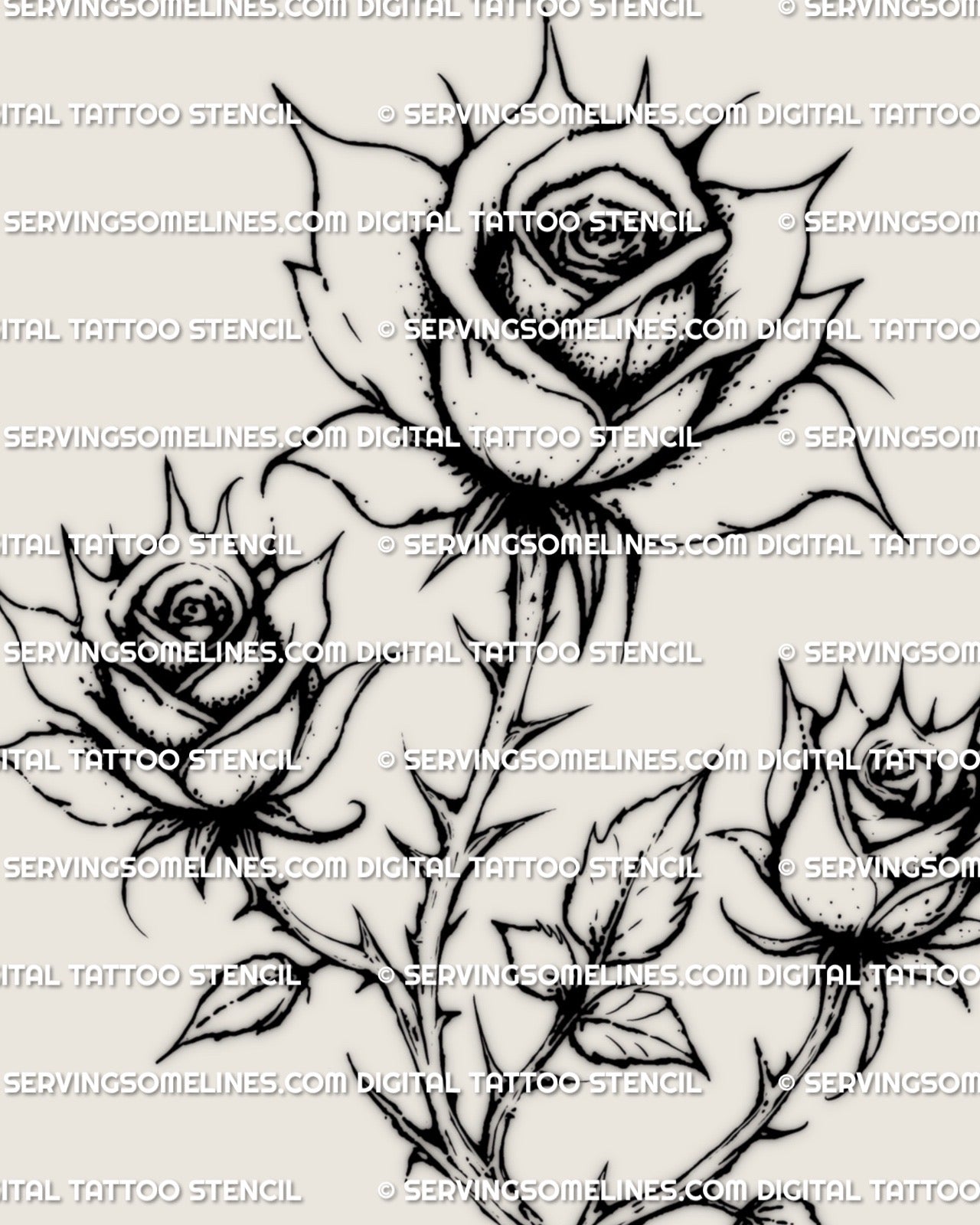 Fine line gothic rose tattoo stencil with three thorned roses and soft shading, a floral gothic design for buyers searching rose bouquet tattoo ideas