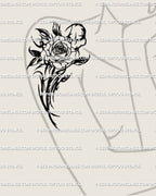 Feminine gothic rose tattoo on shoulder, dark neotribal blackwork flower design mixing thorned tribal curves and delicate cyber energy. 