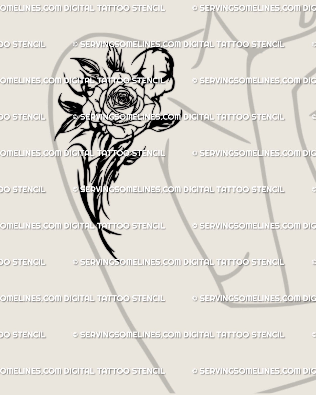 Feminine gothic rose tattoo on shoulder, dark neotribal blackwork flower design mixing thorned tribal curves and delicate cyber energy. 