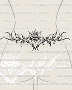 Gothic floral rose tattoo stencil displayed as a feminine tramp stamp design, ornamental rose linework offered as a digital tattoo stencil product download