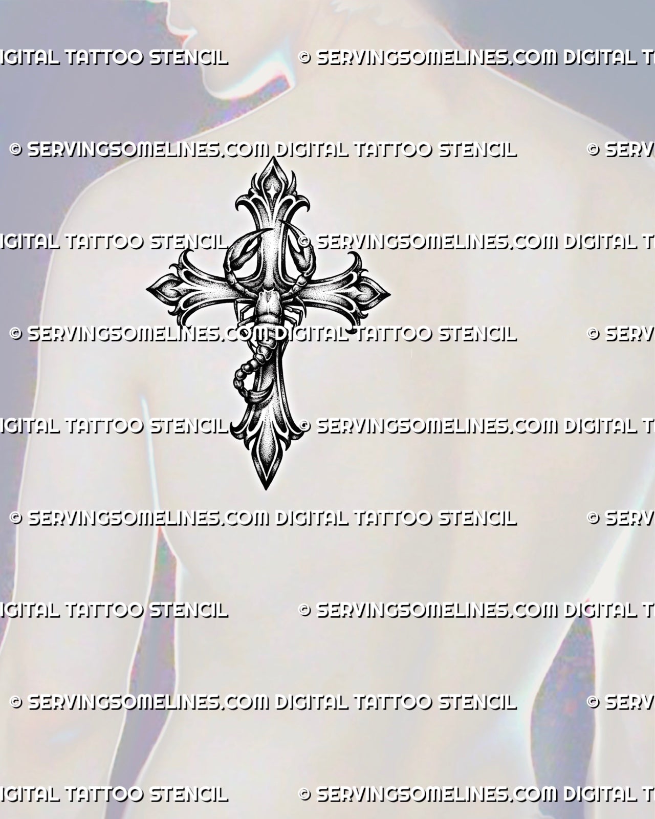 Gothic scorpion cross stencil shown on men’s shoulder blade with broad cross arms, scorpion body detail, and a sharp stinger.