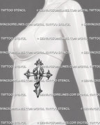 Gothic scorpion cross tattoo displayed on women’s ribs with a tall cross frame, curved tail, and shaded scorpion body.