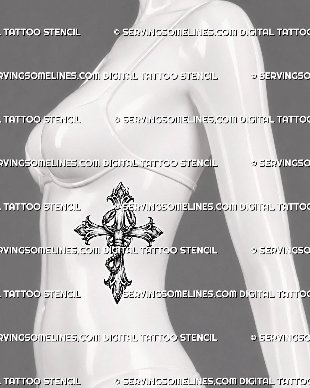 Gothic scorpion cross tattoo displayed on women’s ribs with a tall cross frame, curved tail, and shaded scorpion body.