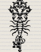 Gothic scorpion tattoo design as a key, scorpion key tattoo stencil with sharp claws and curled tail.