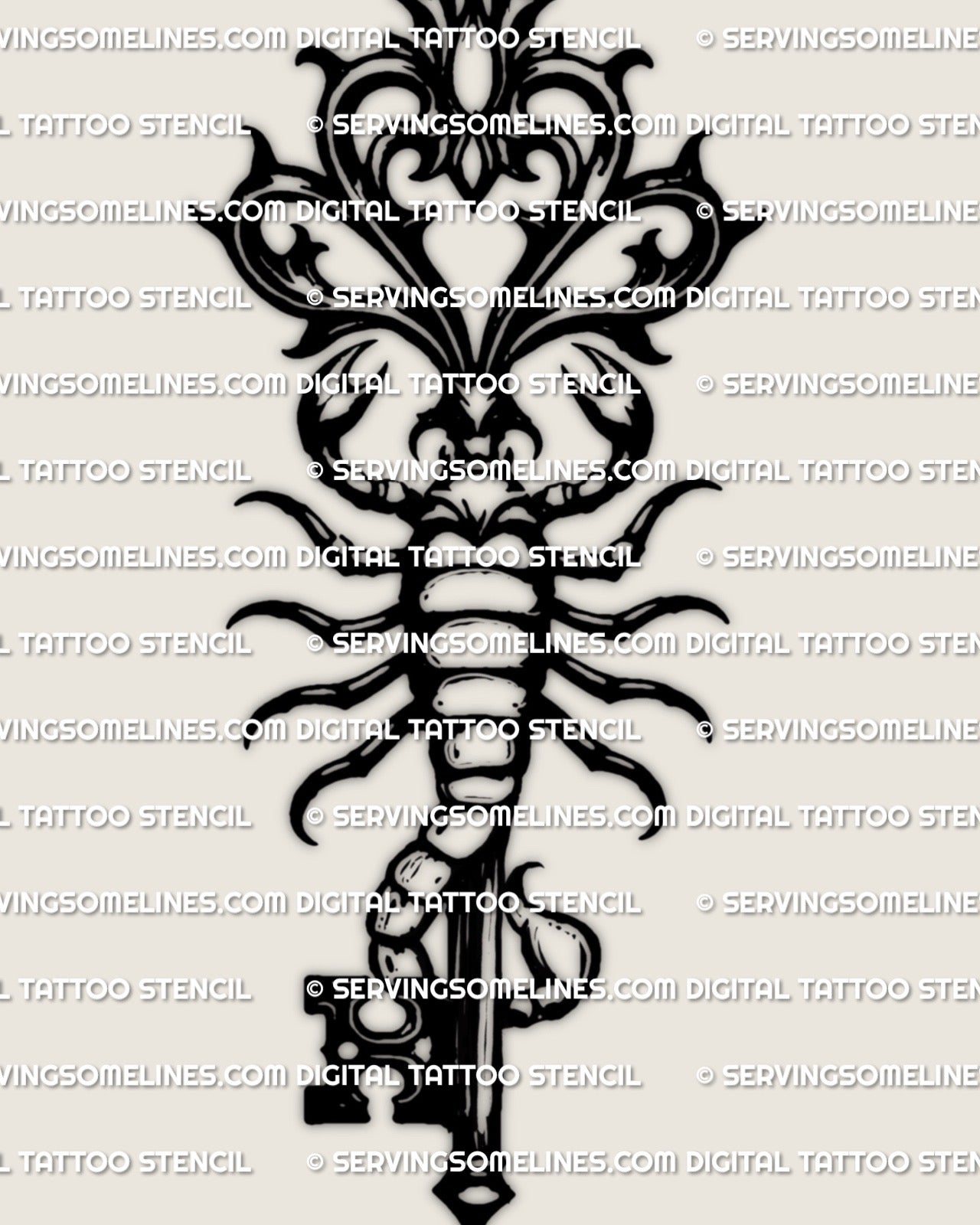 Gothic scorpion tattoo design as a key, scorpion key tattoo stencil with sharp claws and curled tail.