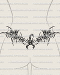 Gothic scorpion tattoo shown on womens lower back placement, with a raised tail, skull details, floral framing, and wide waist fit.