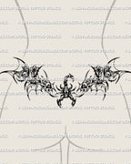 Gothic scorpion tattoo shown on womens lower back placement, with a raised tail, skull details, floral framing, and wide waist fit.