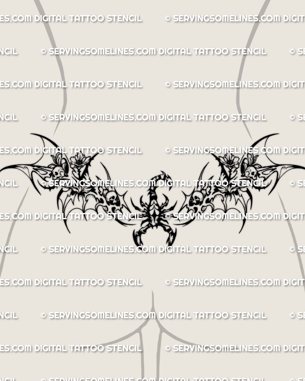Gothic scorpion tattoo shown on womens lower back placement, with a raised tail, skull details, floral framing, and wide waist fit.