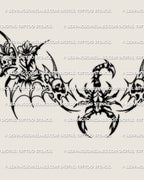 Close detail of the gothic scorpion tattoo design, showing the tail, claws, skull elements, flowers, and sharp outer linework.