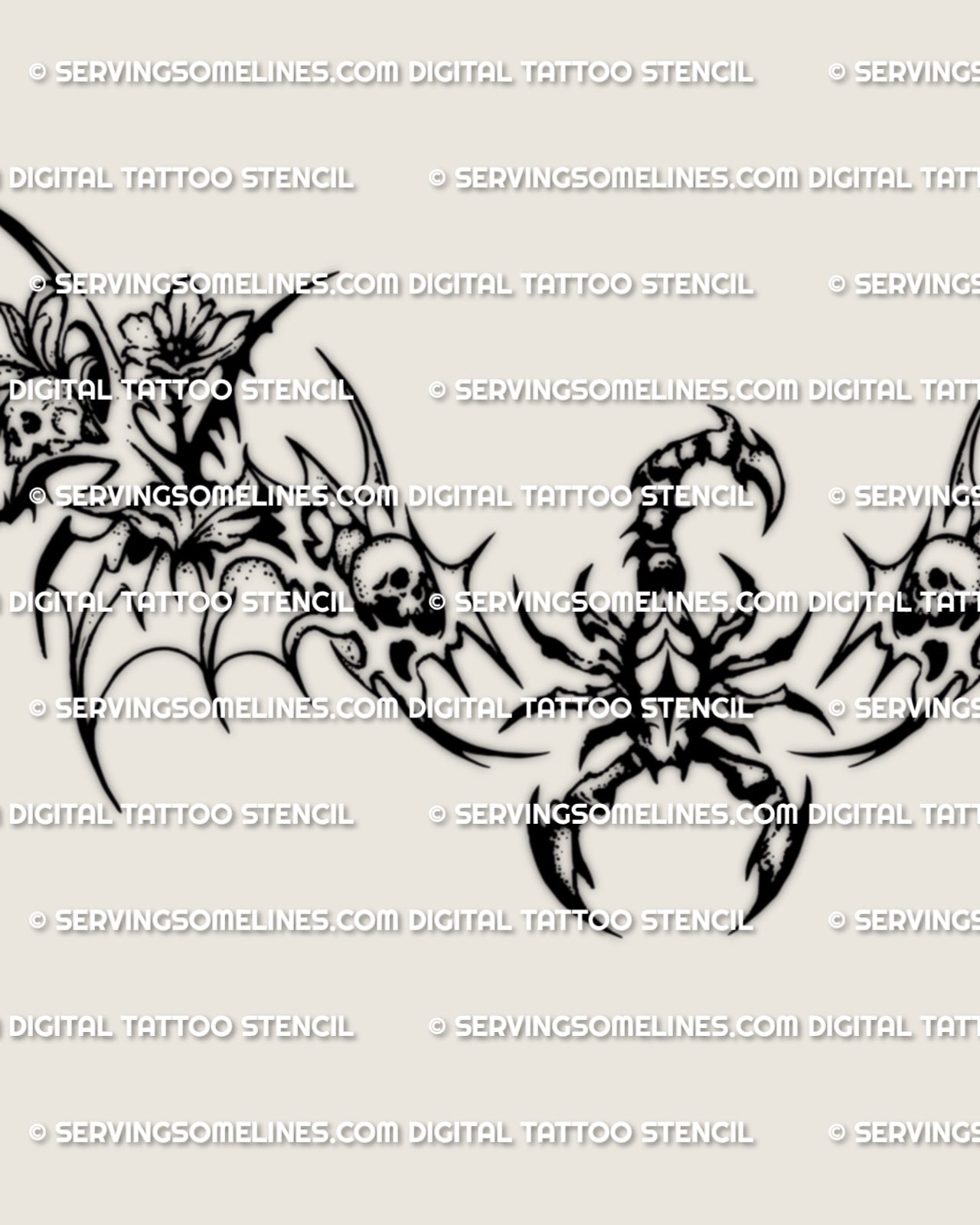Close detail of the gothic scorpion tattoo design, showing the tail, claws, skull elements, flowers, and sharp outer linework.